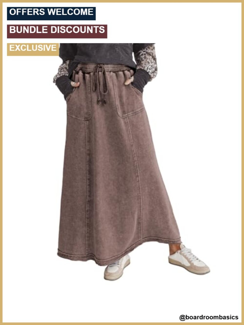 Women's High Waist Maxi Skirt Acid Wash Flowy Cotton Blend Boho with Pockets